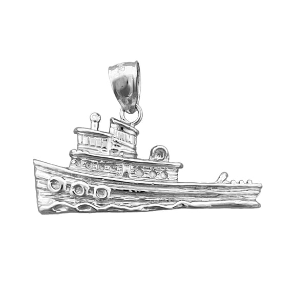 Rhodium Plated 925 Sterling Silver Tug Boat Pendant