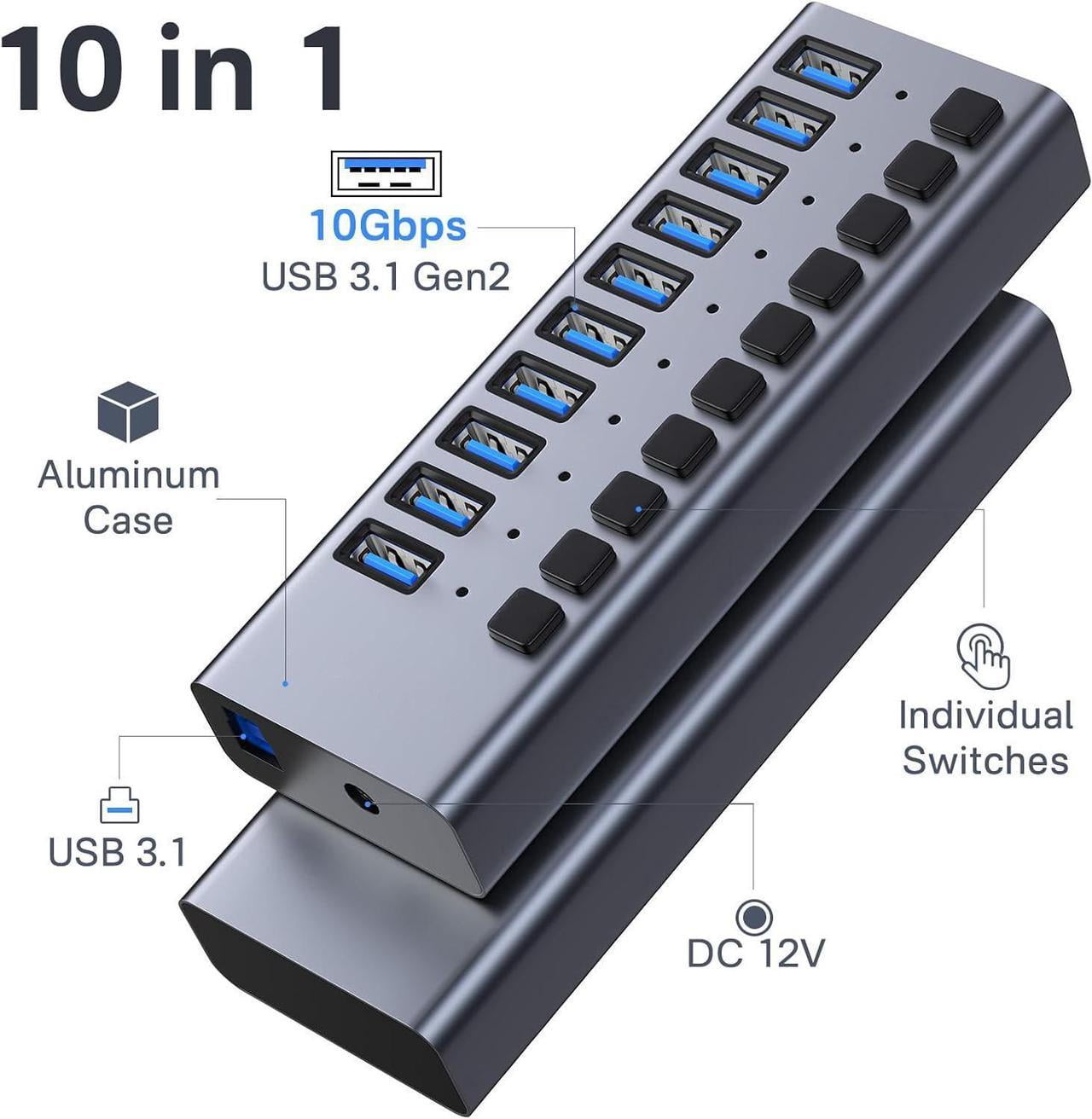 Powered USB Hub,10 Ports USB 3.1 Hub with 10Gbps Data Speed, Individual On/Off Switches, 12V4A 48W Power Adapter, USB Hub 3.1 Powered for MacBook, Mac Pro/Mini, Surface Pro Laptop/PC