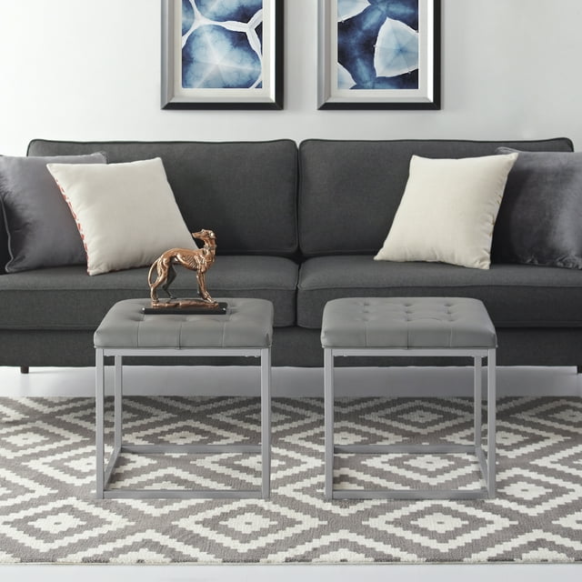 Inspired Home Simpson Cube Ottoman en Faux Cuir Cadre en Métal Capitonné Moderne, Gris