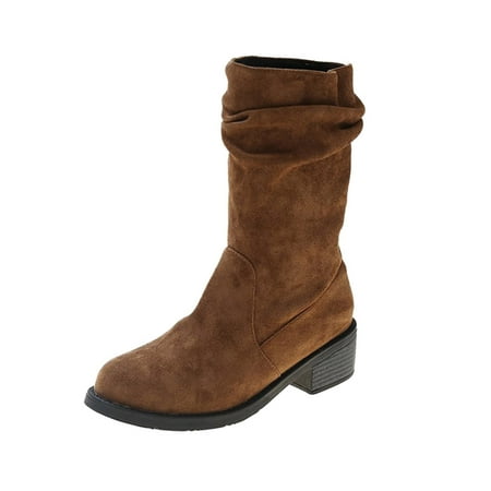 

Mackneog able Autumn Winter Women Boots With Low Heel Thick Round Toe Solid Color Cover Slip On Suede Comfortable Gift on Clearance