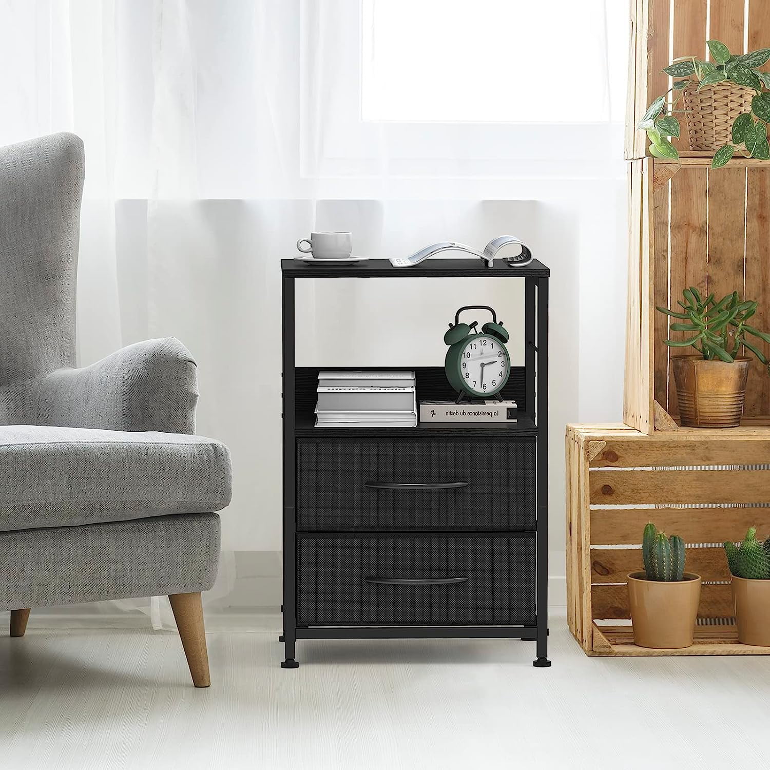 Nightstand for Bedroom End Side Table with 2 Drawers and Open Shelf Wood, Black