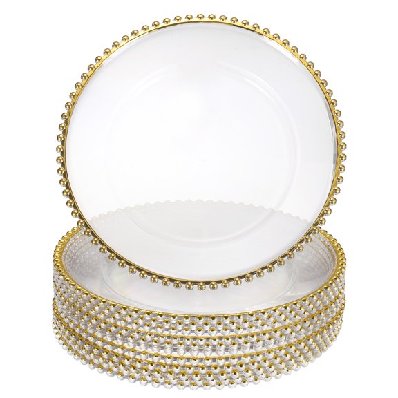 Uxcell 12pcs Clear Charger Plates Bulk, 13" Plastic Round Charger Plates with Bead Trim Dinner Dessert Plate for Wedding Party Event Table Setting Decoration, Gold On White