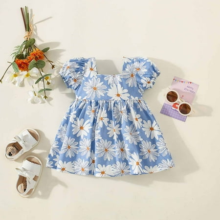 

naisibaby Toddler Baby Girl Summer Dress Round Neck Bubble Sleeve Bow Short Sleeve Dress Blue Size 2-3 Years