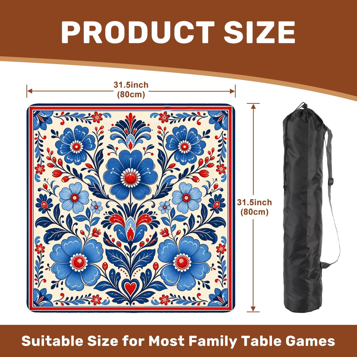 Mahjong Mat 31.5" x 31.5" Floral Red Blue Yellow Flowers patriotic Non-Slip Noise Reduction Mahjong Tiles Table Cover for Dominoes Poker Card Board and Tile Games