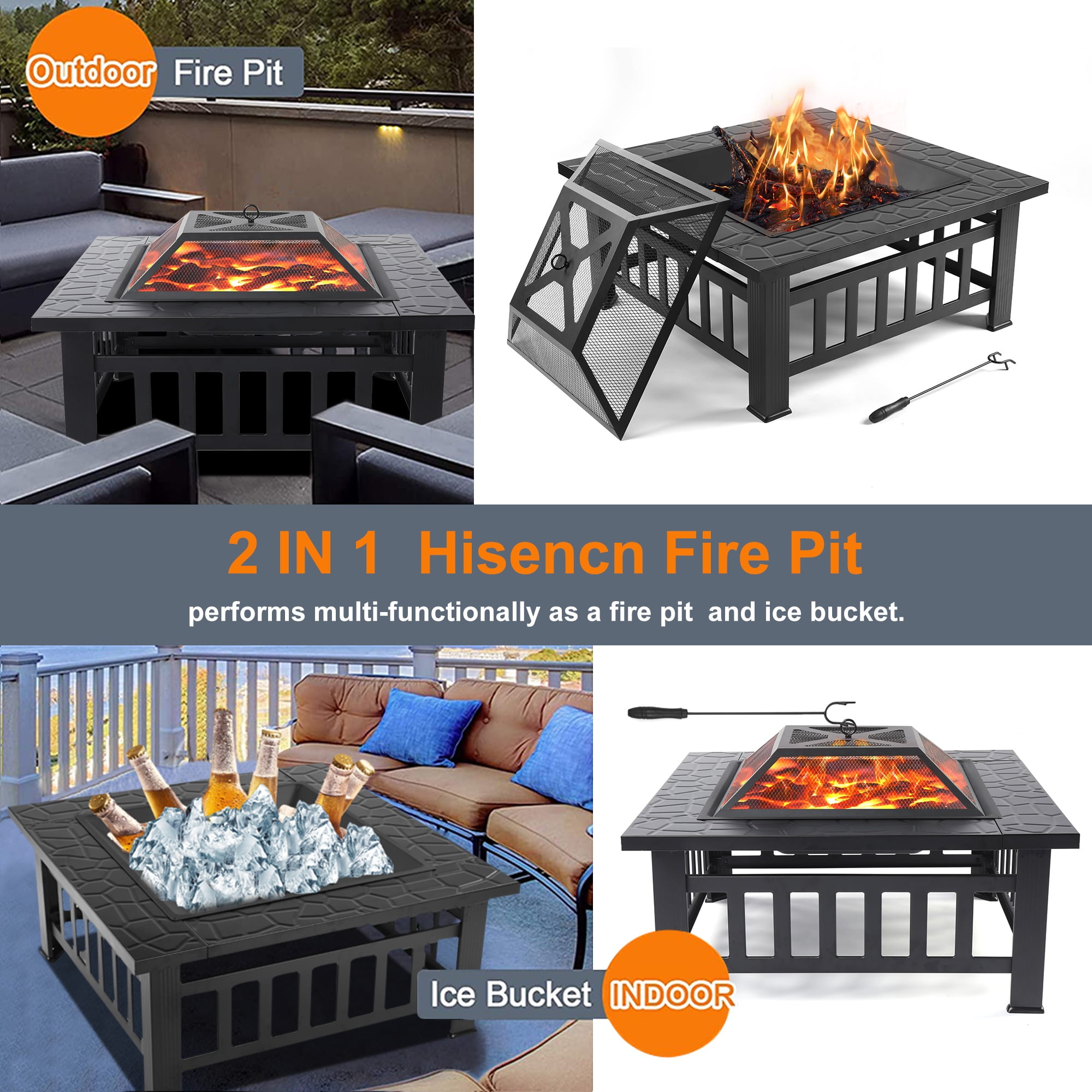 Multifunctional Fire Pit Table, 32'' Fireplace Heater/Ice Pit, Square Metal Fire Pit Stove with Screen Lid and Log Poker for Backyard Garden Camping Picnic Bonfire