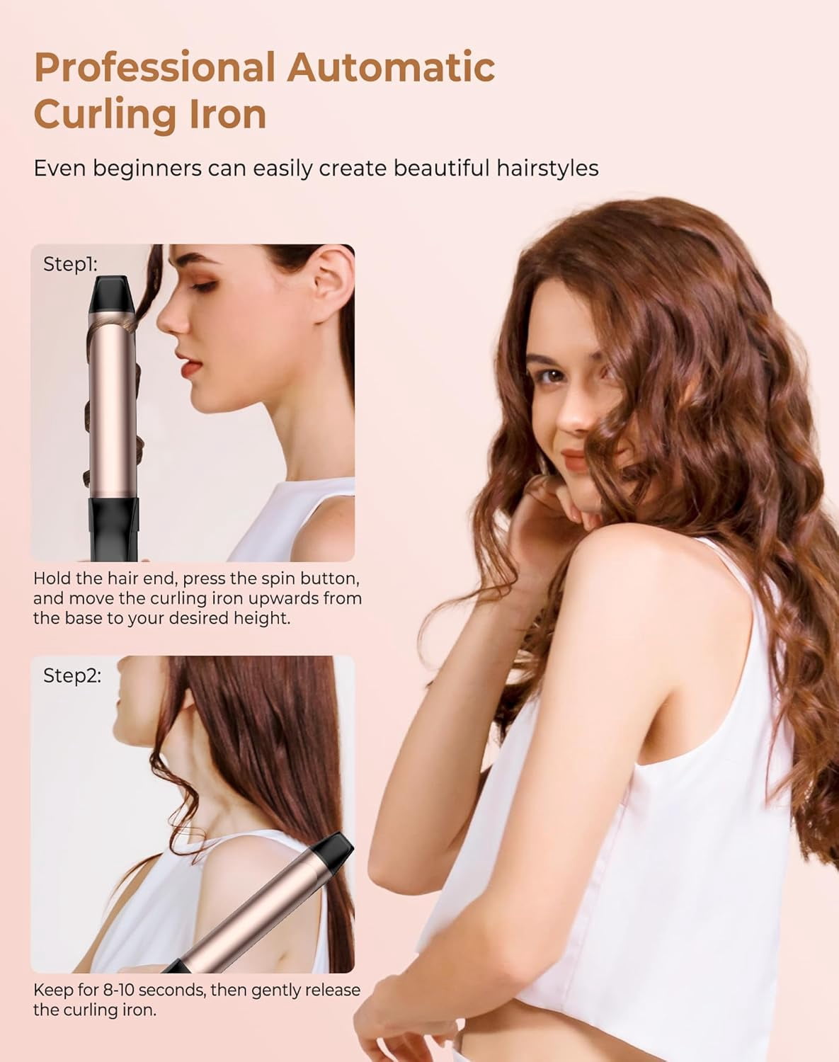 Scheri Rotating Curling Iron, Hair Curler Automatic Rotating, 30s Rapid Heating Automatic Curling Iron, Dual Voltage 110-240V, Time Saving Self Curling Hair Curler for Short Long Hair