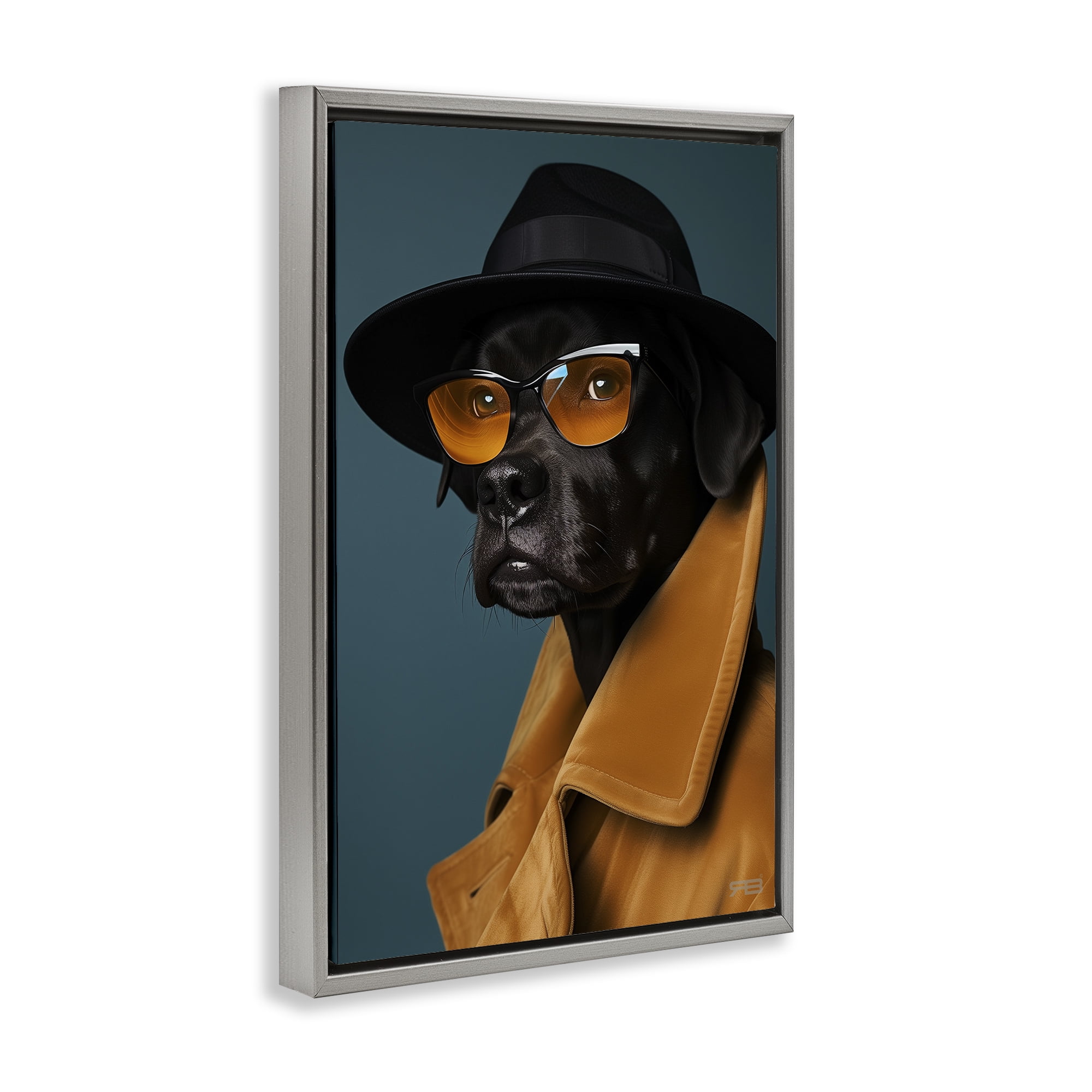 Stupell Industries Black Dog in Suit Animals & Insects Painting Gray Floater Framed Canvas Art Print Wall Art, 21 x 31