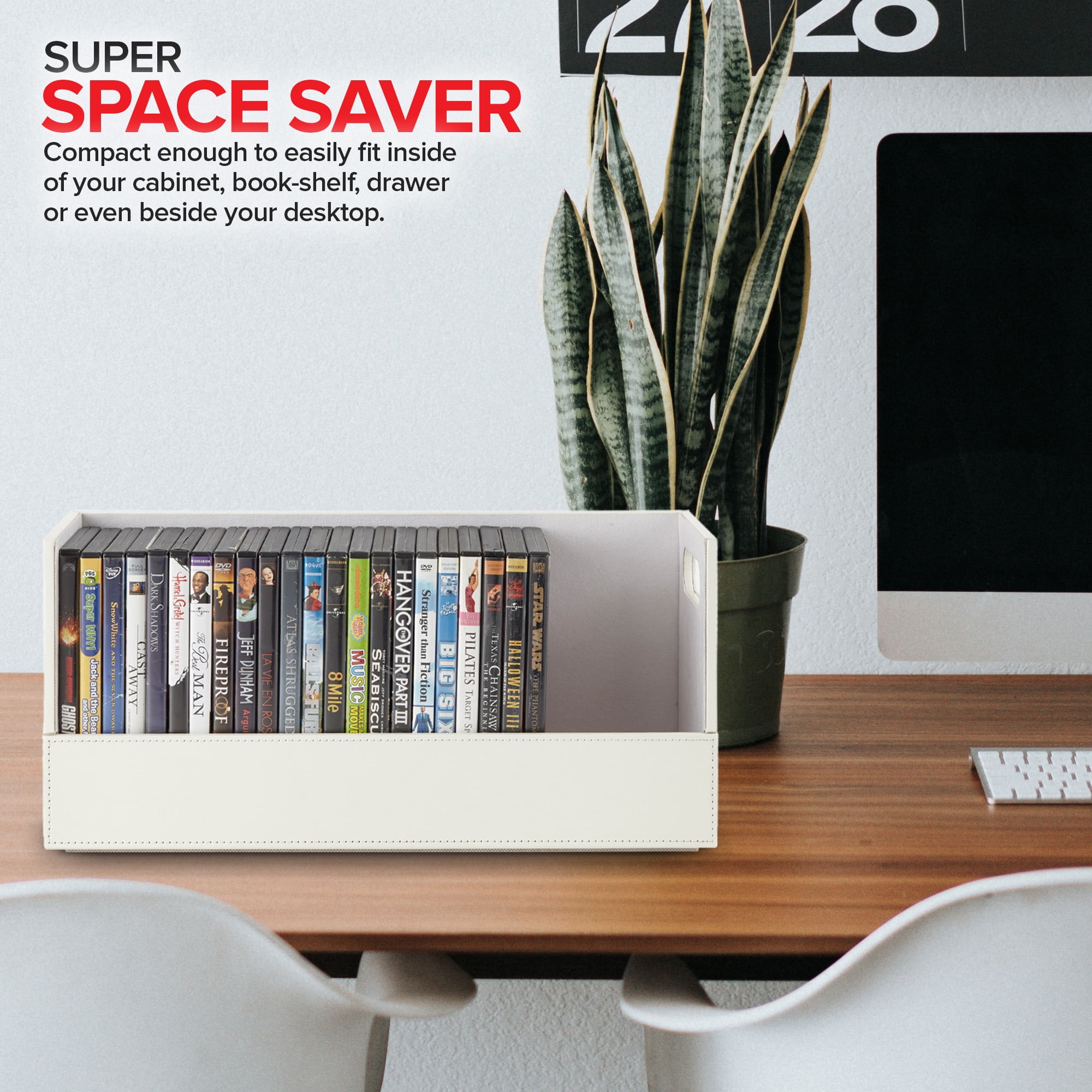 Stock Your Home DVD Storage Box, Movie Shelf Organizer for Blu-Ray, Video Game Cases, CDs, VHS Tape Display Stand, Disc Holder Can Store Up to 28 DVDs, Faux Leather (White)