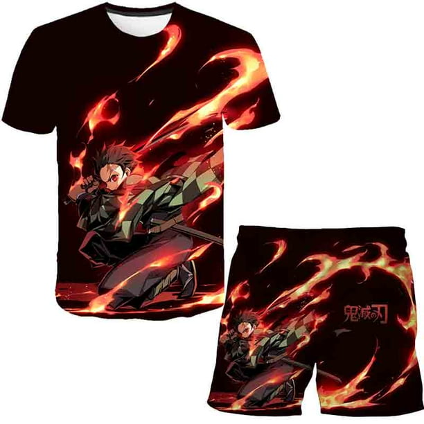 Conjuntos de ropa de Demon Slayer de verano para niños y niñas, camisetas informales estampadas + Pantalones cortos, ropa nueva para niños, 2 piezas/trajes de ocio 5T Gao Jinjia LED