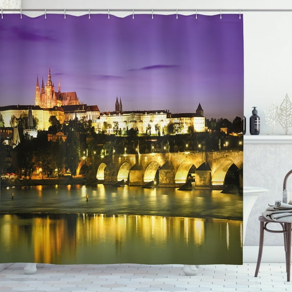 Ambesonne Travel Shower Curtain, Charles Bridge Prague, 69"Wx70"L, Purple Yellow Brown