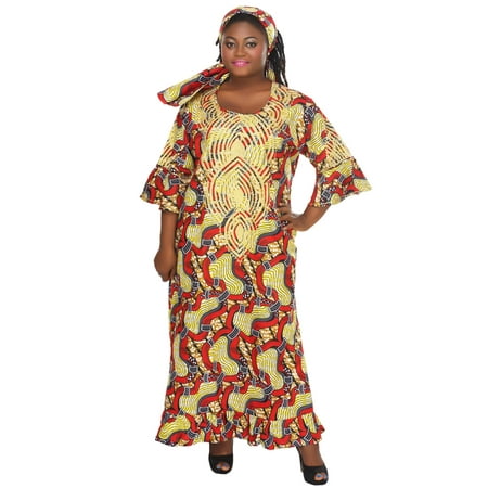 African Planet Womens Wax Long Maxi Ruffle Dress Tribal Ankara Sunday Church (Sunday Best Dress Code)