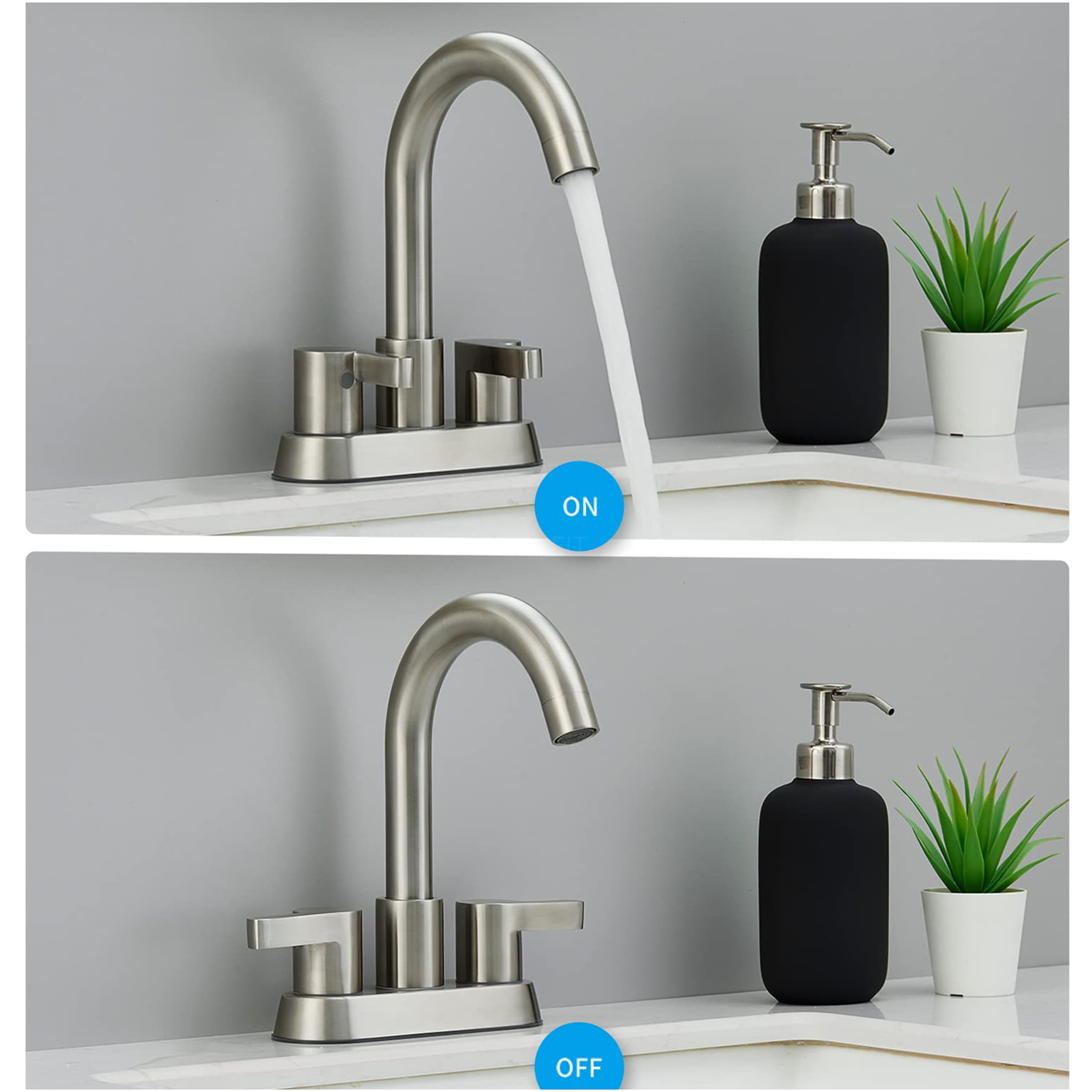 JERFIT 4-inch Centerset Bathroom Sink Faucet with Drain, 2-Handle Brushed Nickel Vanity Faucet, High-Arc 360° Swivel Spout for Bathroom Sink