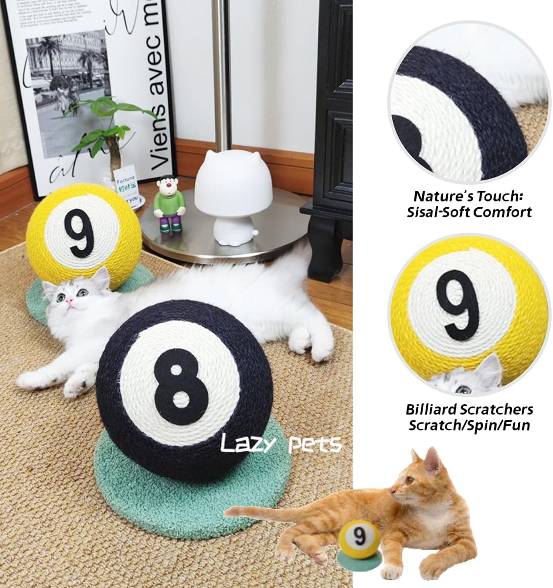 ShadeMart 8-Ball Billiard Style Cat Scratcher, Premium Natural Sisal Chew Toy for Cats & Kittens