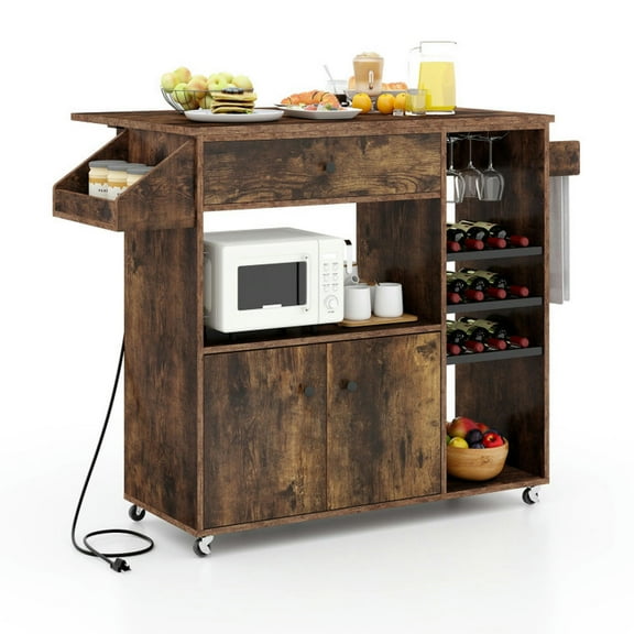 Spaco Drop Leaf Mobile Kitchen Island Cart with Power Outlet and Adjustable Shelf-Rustic Brown, Kitchen Island, Kitchen Island with Storage for Kitchen,Dinning Room