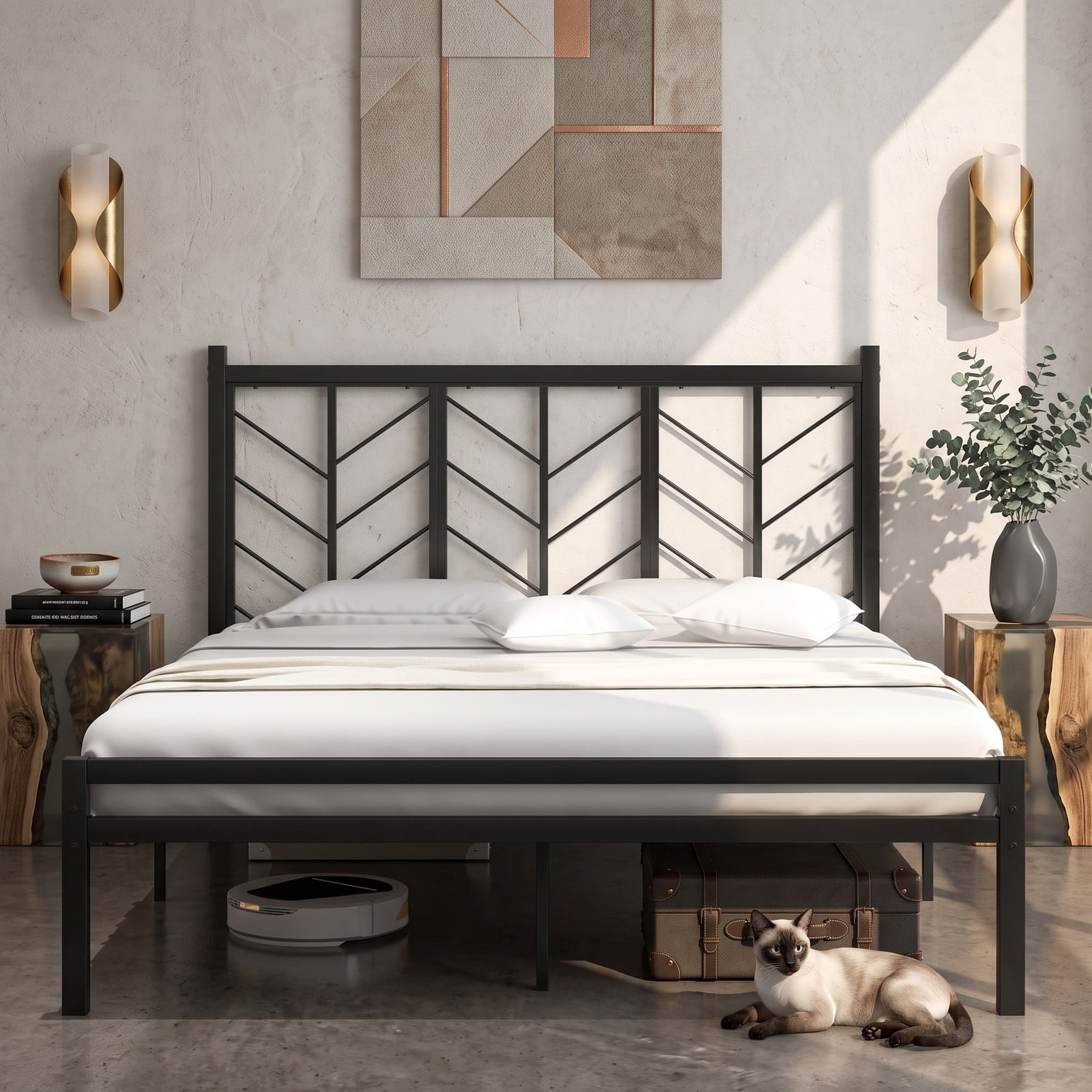 Furnibear Queen Bed Frame, Metal Platform Bed Frame with Chevron Branch Headboard, Queen Bed Frame with Slatted Support, No Box Spring, Black