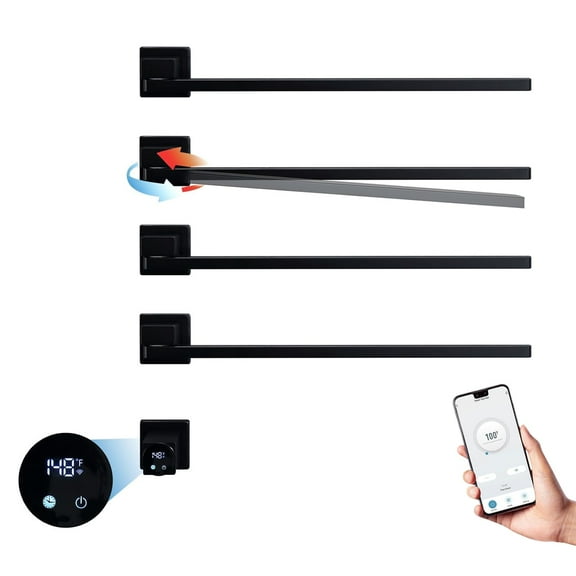 Heated Towel Rack, 180° Rotating Towel Warmer Concealed, Smart WiFi Stainless Steel Electric Towel Rack with Built-in Timer, 75W 4 Bars Wall Mounted Electric Drying Rack for Bathroom (Black)