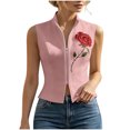 thumbnail image 6 of Karymi Blouses for Women Red Rose Print Sleeveless Vest, Stand Collar Full Zip Front Slim Fitted Cropped Waistcoat, Casual Layering Jacket Cute Tops for Women, 6 of 8