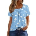 thumbnail image 2 of Shirts for Women under $10 Short Sleeved Square Collar Pleated Printed T-shirt Light Blue S, 2 of 5