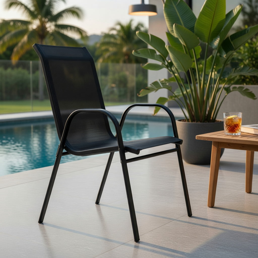 Hommoo 2-Pack Stackable Outdoor Dining Chairs with Armrests, Steel Frame, Breathable Fabric Seat, Easy Assembly Patio Chairs for Backyard or Deck, Grey