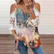 thumbnail image 2 of Elegante mujer casual cremallera cuello impresión blusa encaje manga corta camiseta verano Tops OAVQHLG3B Store  lin121212, 2 of 3