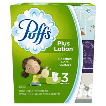 Puffs Plus Lotion Facial Tissue, 3 Family Boxes, 124 Facial Tissues Per Box