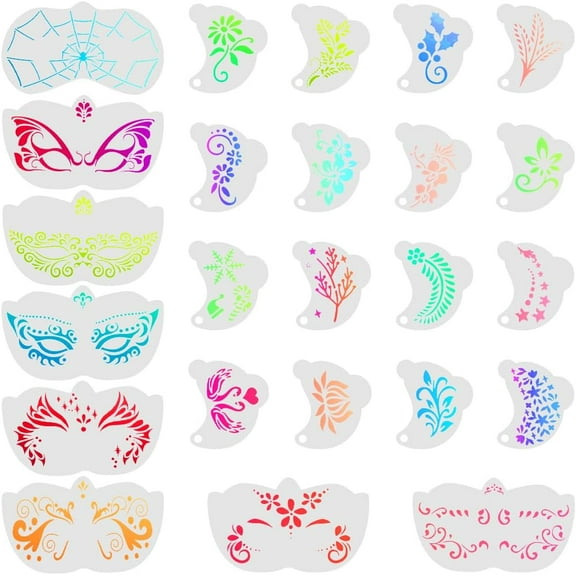 28Pcs Reusable Facial Painting Stencils Face Paint Template Flower Plants Stars Snowflake Drawing Makeup Temporary Tattoos Stencil for Christmas Holiday Party Art Wood Wall Crafts White