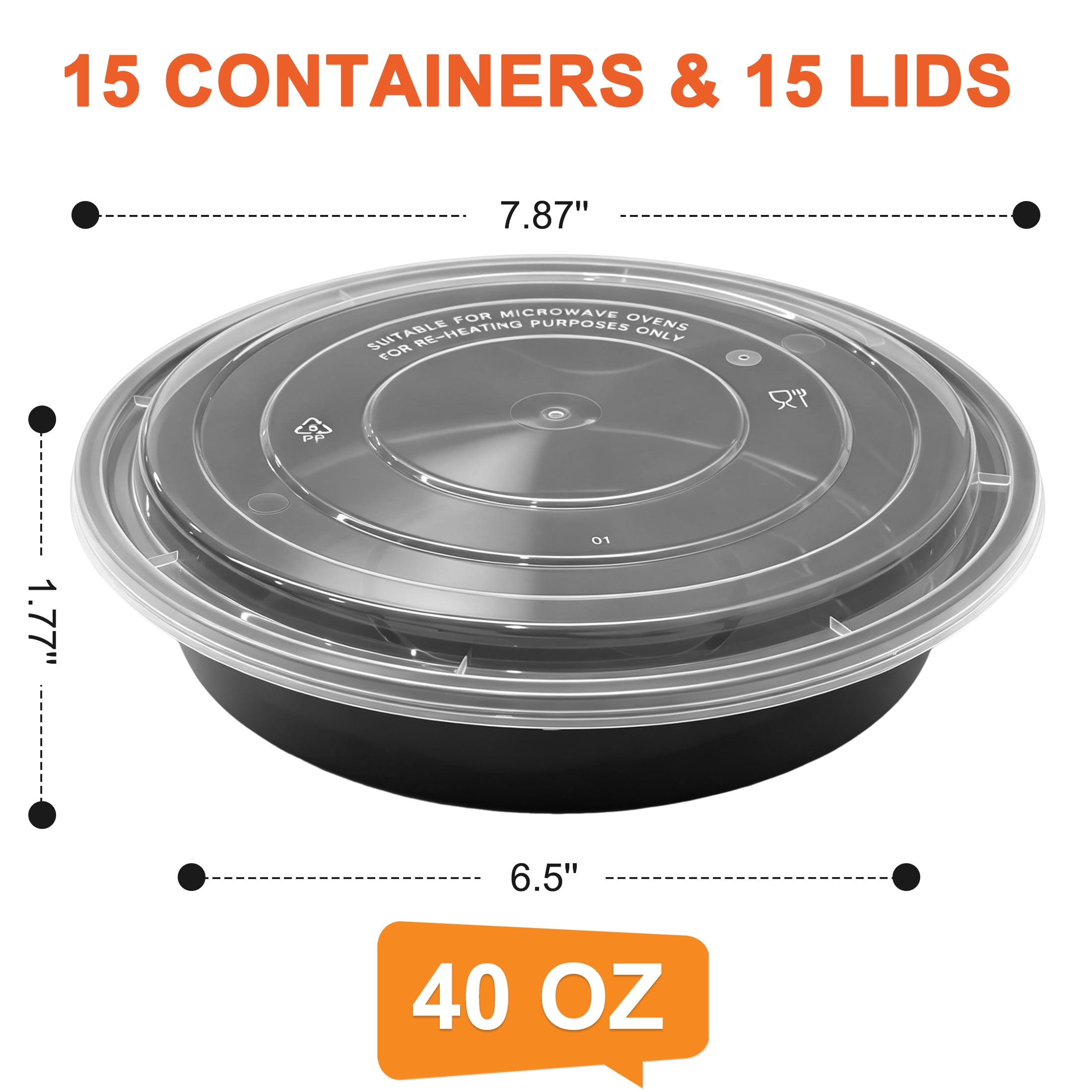 GARITIN 15 Pack Meal Prep Containers 40 Oz, Round Plastic Food Storage Bowls with Lids, BPA‑Free Microwave & Freezer Safe