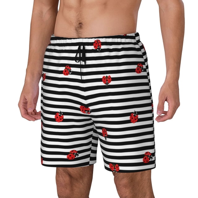 Fotbe Ladybugs on Black and White Striped Traje de Baño para Hombre – Shorts de Natación de Secado Rápido con Forro y Bolsillos-X-Large