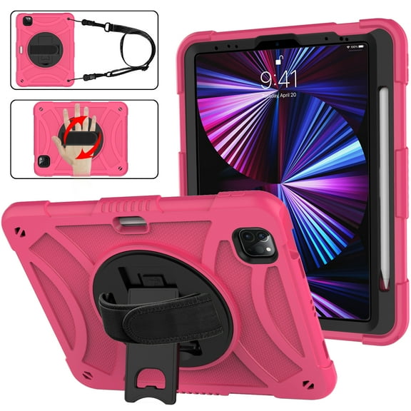 kids Case for iPad Pro 11(2022/2021/2020/2018)/ iPad Air 5/4th Gen Case 10.9 inch (2022/2020), Military Grade Drop Protection with Hand/Shoulder Strap Rotating Stand Pencil Holder, Rose