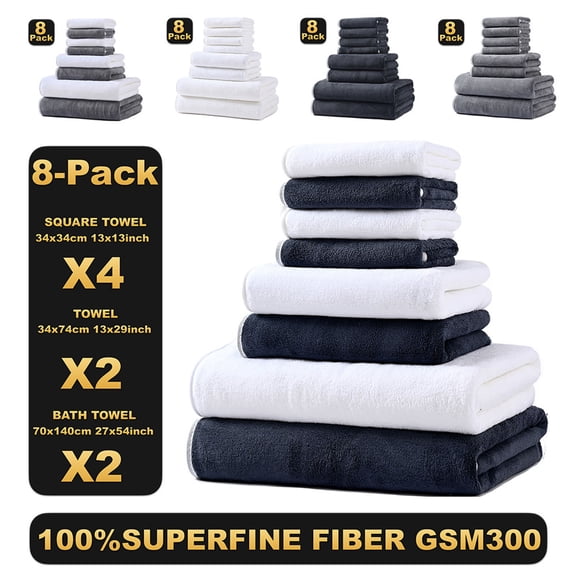 8 Piece Towel Set, Quick Drying, Highly Absorbent & Soft, Includes 2Bath Towel, 2 Hand Towel & 4 Washcloth for Bathroom, Gym, Spa & Hotel