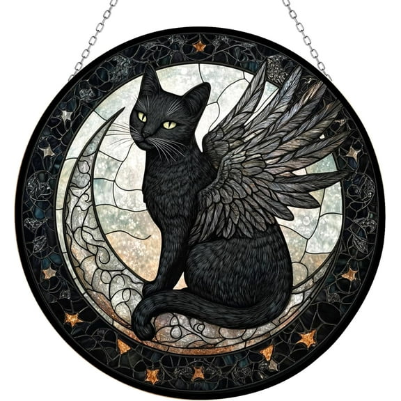 Midnight Black Cat and Angel Wings Stained Glass Suncatcher Stained Glass Window Hanging Home Decor Garden Halloween Christmas Wedding Housewarming Gifts