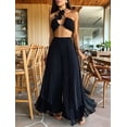 thumbnail image 4 of Women Ruffle Trim High Waisted Tassel Hem Flowy Pleated Boho Modest Wide Leg Pants Black L, 4 of 8