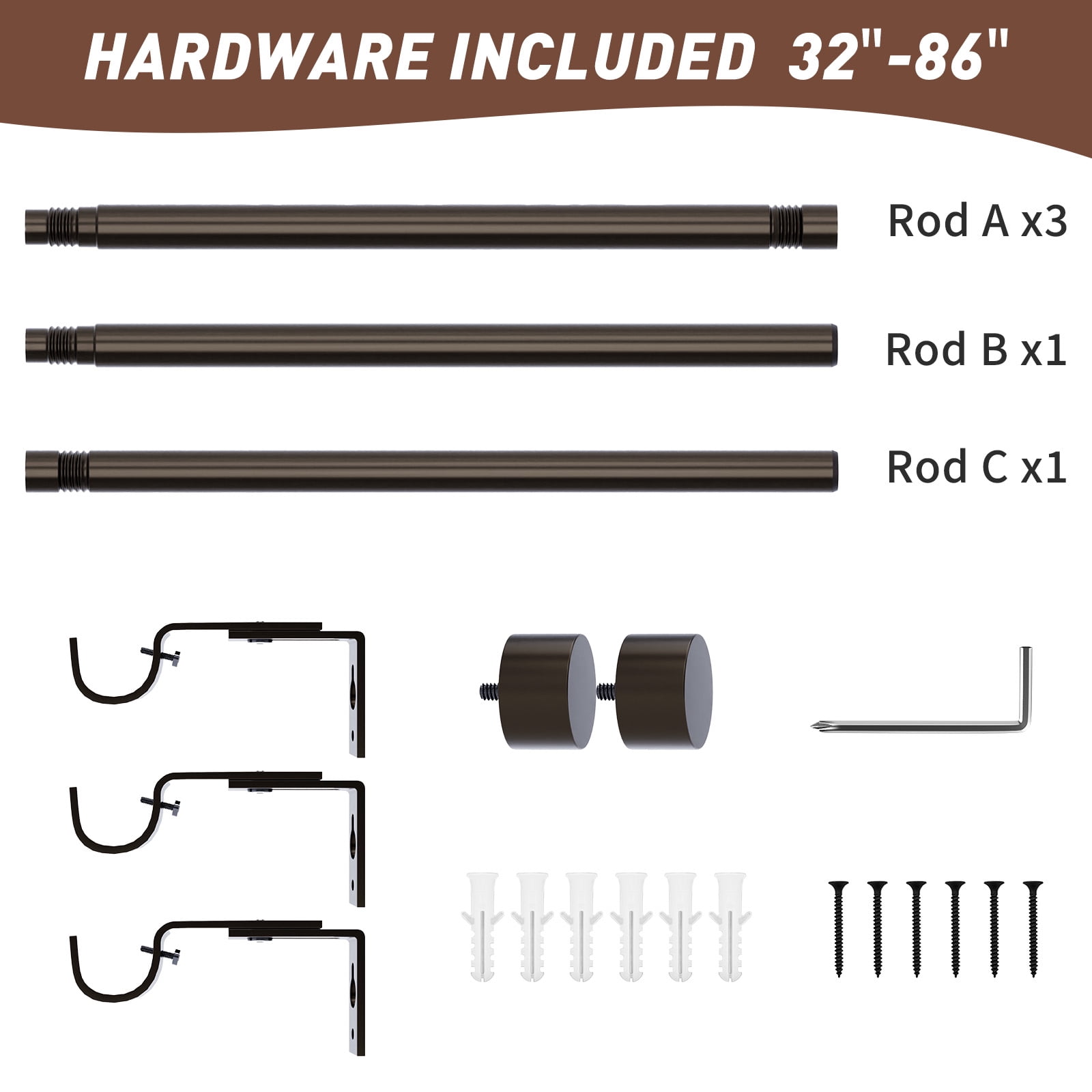 32"-86" Curtain Rods,1 inch Diameter Single Curtain Rod Set,Heavy Duty Curtain Rods with Aluminium Finials,Bronze