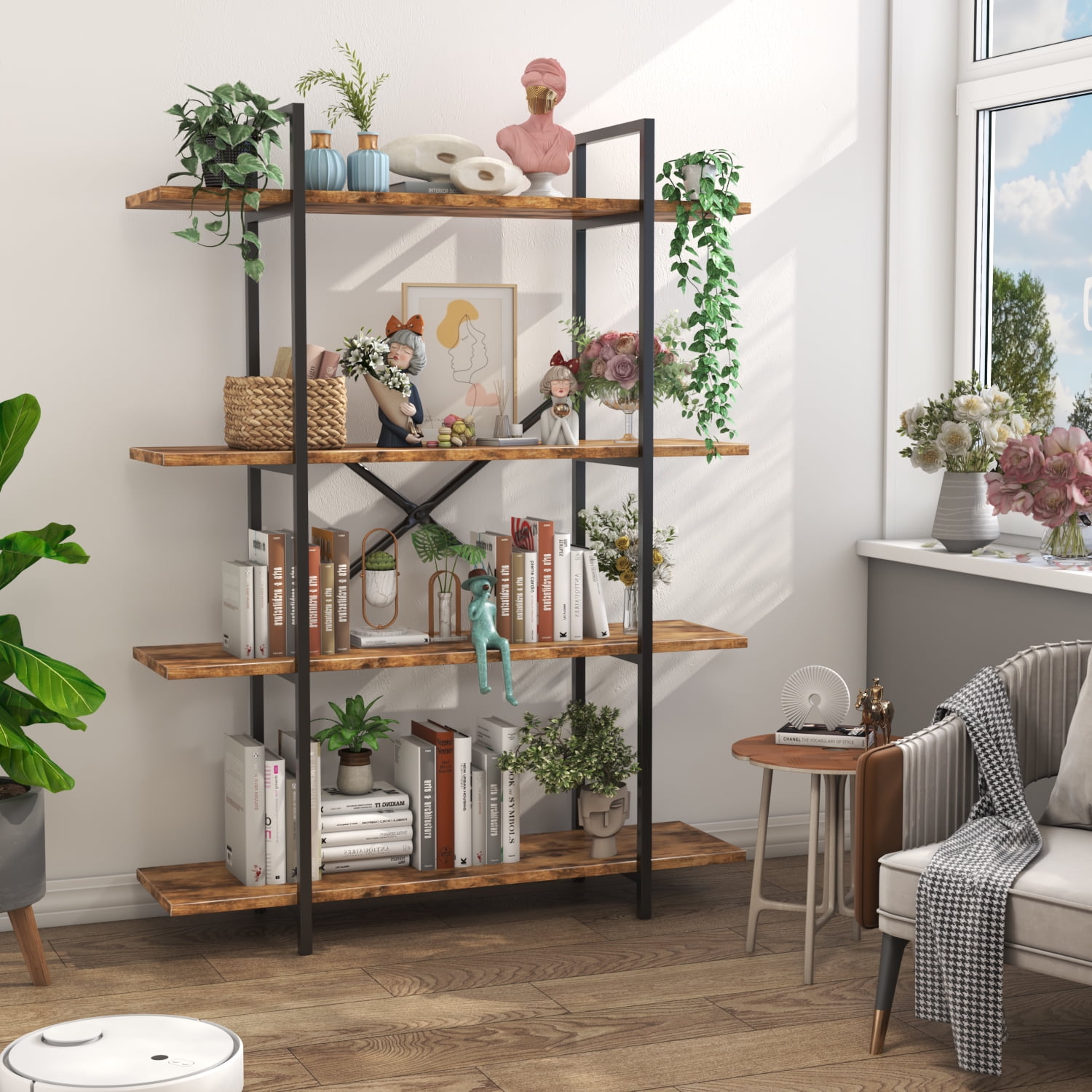 Furmax 4 Tier Industrial Style Bookcases, Open Storage Display Corner Bookcases , Wood Grain