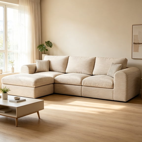 Ardellon 108" Boneless Modular Sectional Sofa with Movable Ottoman, L Shaped 3-Seat Cloud Couch with Pillows, Beige