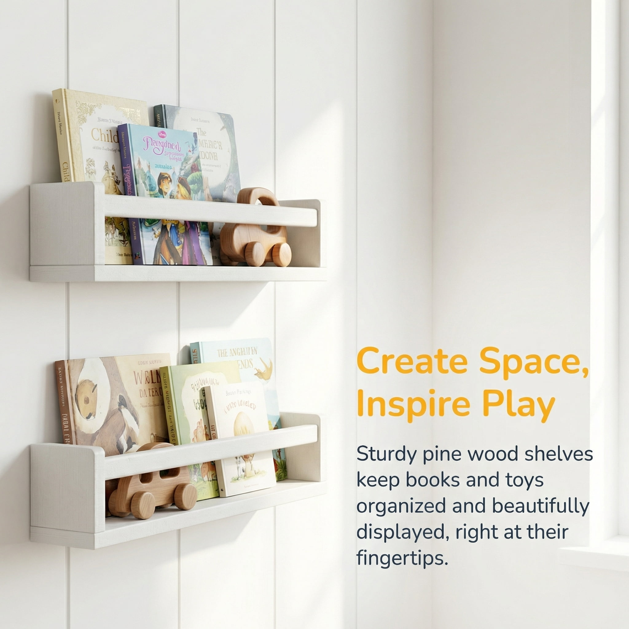 Floating Book Shelves for Wall Set of 4, White Wall Bookshelf for Kids Room, Small Wood Book Shelf Bookshelves
