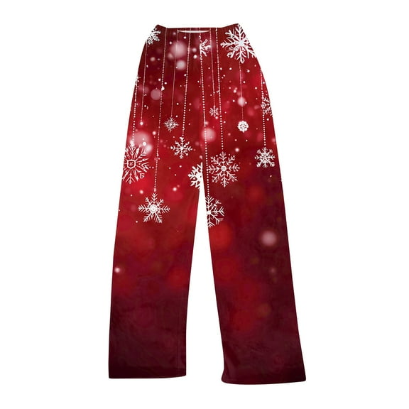 WTOBBY Women's Soft Comfortable Christmas Print Flannel Pajama Bottoms, Casual Home Pants with Holiday Snowflake and Tree Patterns, Cozy Fleece-Lined Sleepwear for Winter,Deep Red L