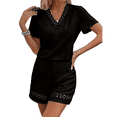 thumbnail image 2 of Conjunto de 2 Piezas de Corta para Mujer, Camisetas de Verano Holgadas con Encaje y Cuello en V, Blusa Tipo Túnica con Mangas con Volantes y Pantalones Cortos, Color Negro, M, 2 of 7