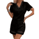 thumbnail image 2 of Conjunto de 2 Piezas de Corta para Mujer, Camisetas de Verano Holgadas con Encaje y Cuello en V, Blusa Tipo Túnica con Mangas con Volantes y Pantalones Cortos, Color Negro, M, 2 of 7