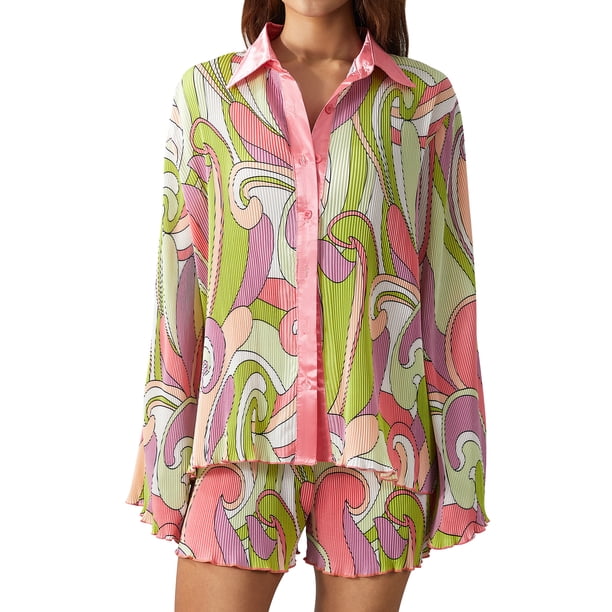 VISgogo Traje de pantalón de dos piezas para mujer, blusa de manga larga con estampado de flores / irregulares y pantalones cortos de pierna recta VISgogo moda