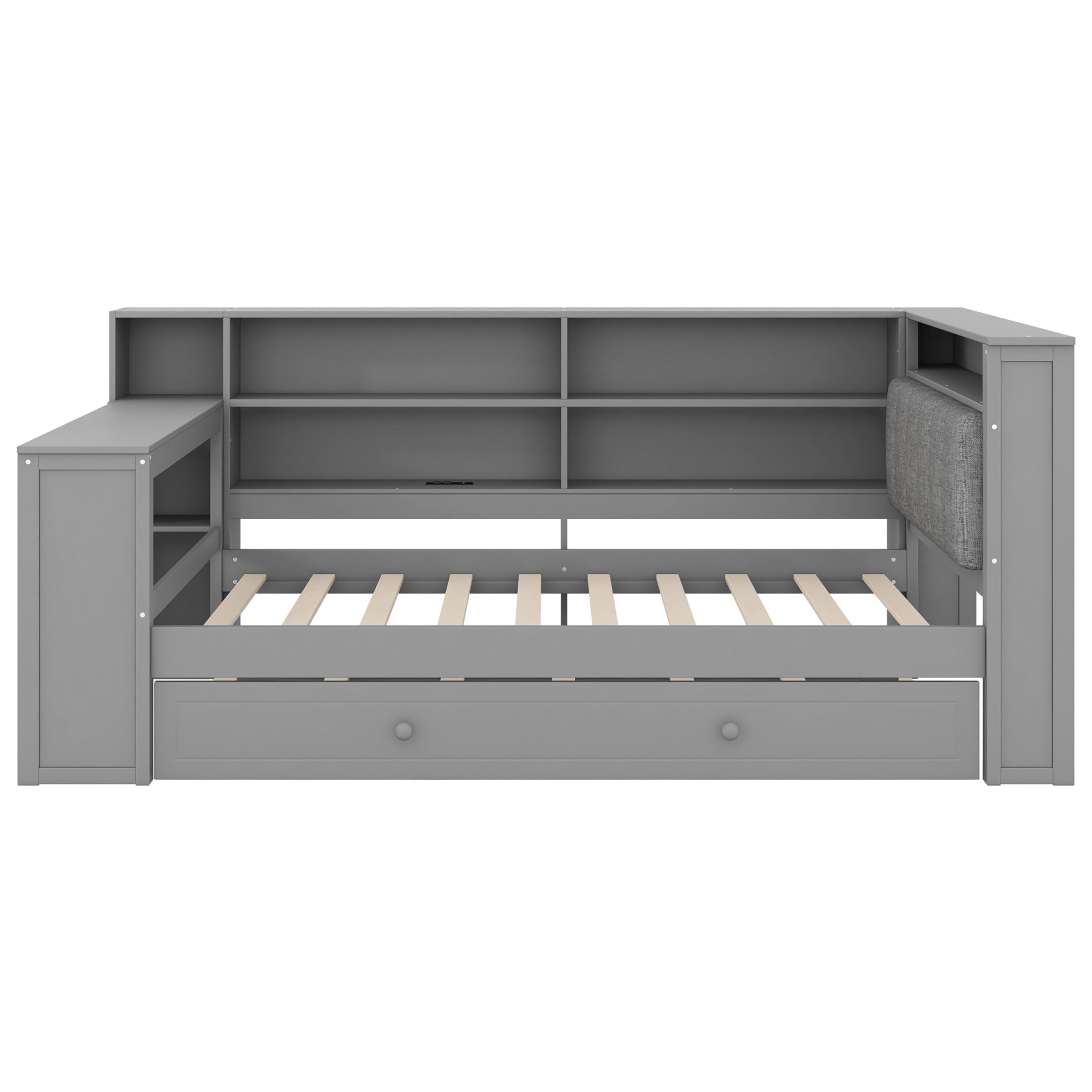 Noble House Twin Platform Bed with Upholstered Headboard, Extra Trundle, Storage Shelves and Charging Station, Grey