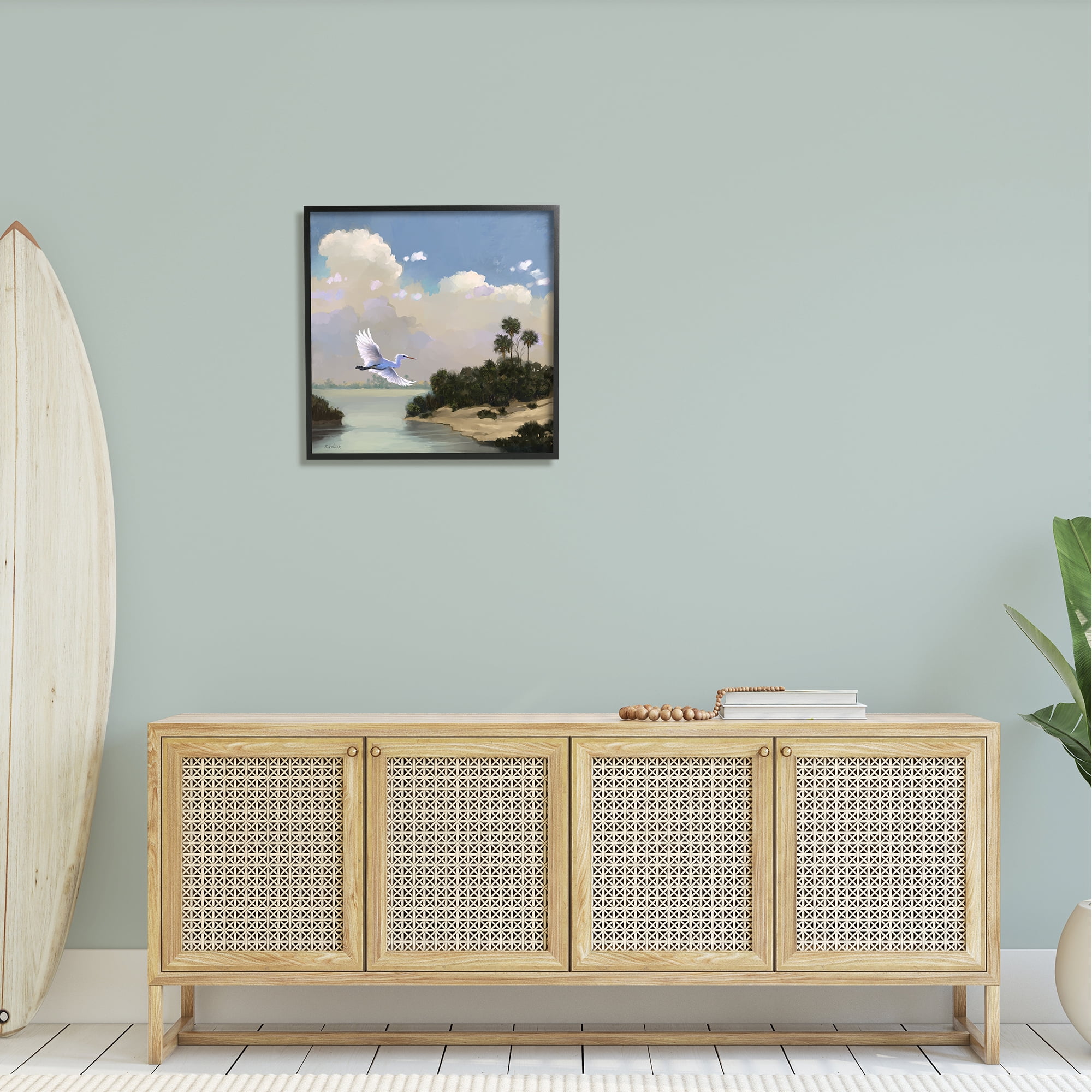 Stupell Heron Flying Over Coastal Inlet Nature Landscape Painting Black Framed Art Print Wall Art