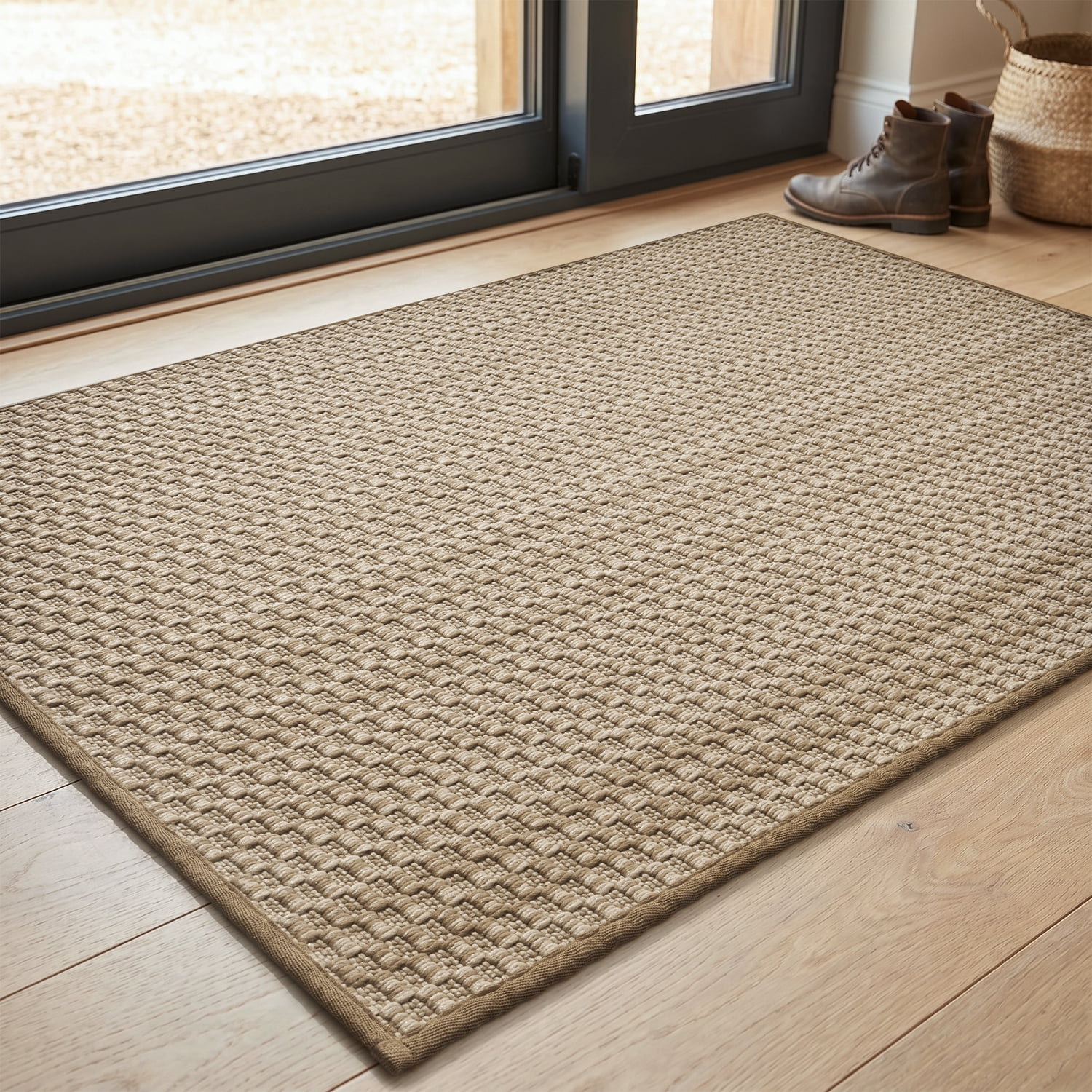 SIXHOME Door Mat Indoor Welcome Mat Non Slip Front Door Mat Woven Texture Low Profile Dirt Traper Entryway Rug for Inside Entry Garage Kitchen Patio 17" x 30" Beige