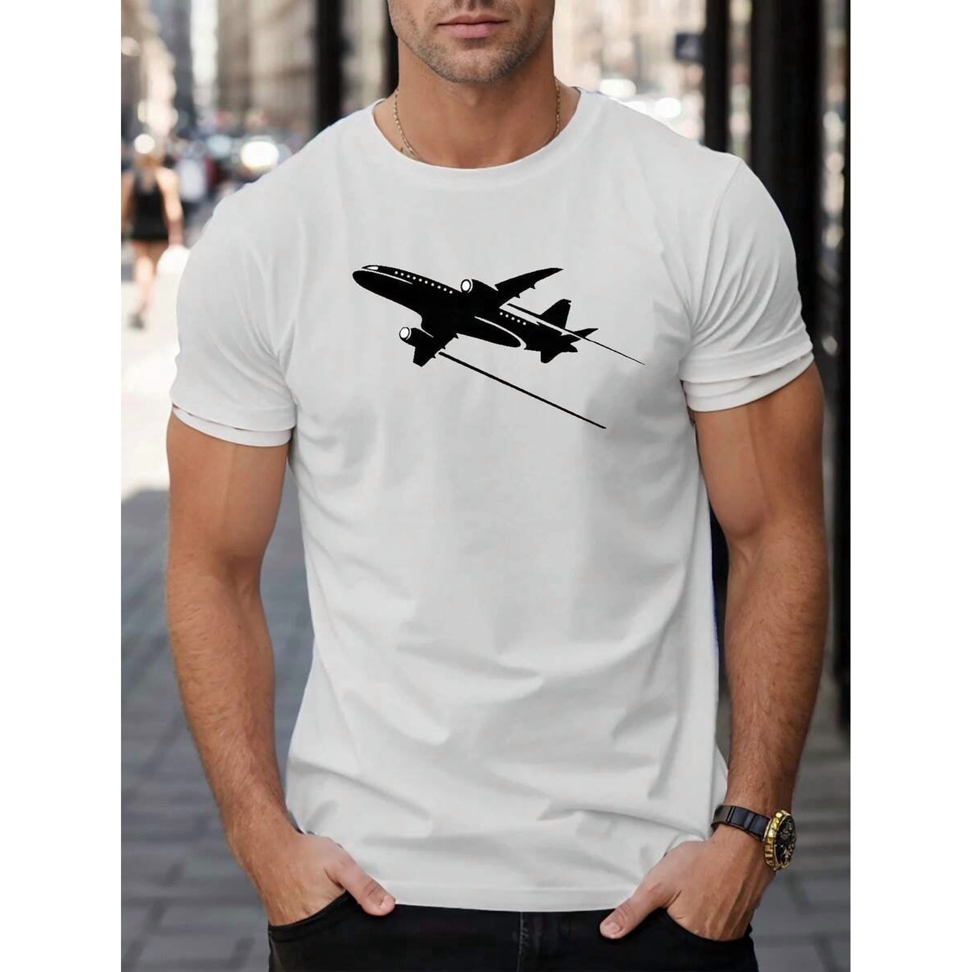 Leisure Fashion Airplane Print Casual Short-Sleeve Comfortable Loose T-Shirt for Men