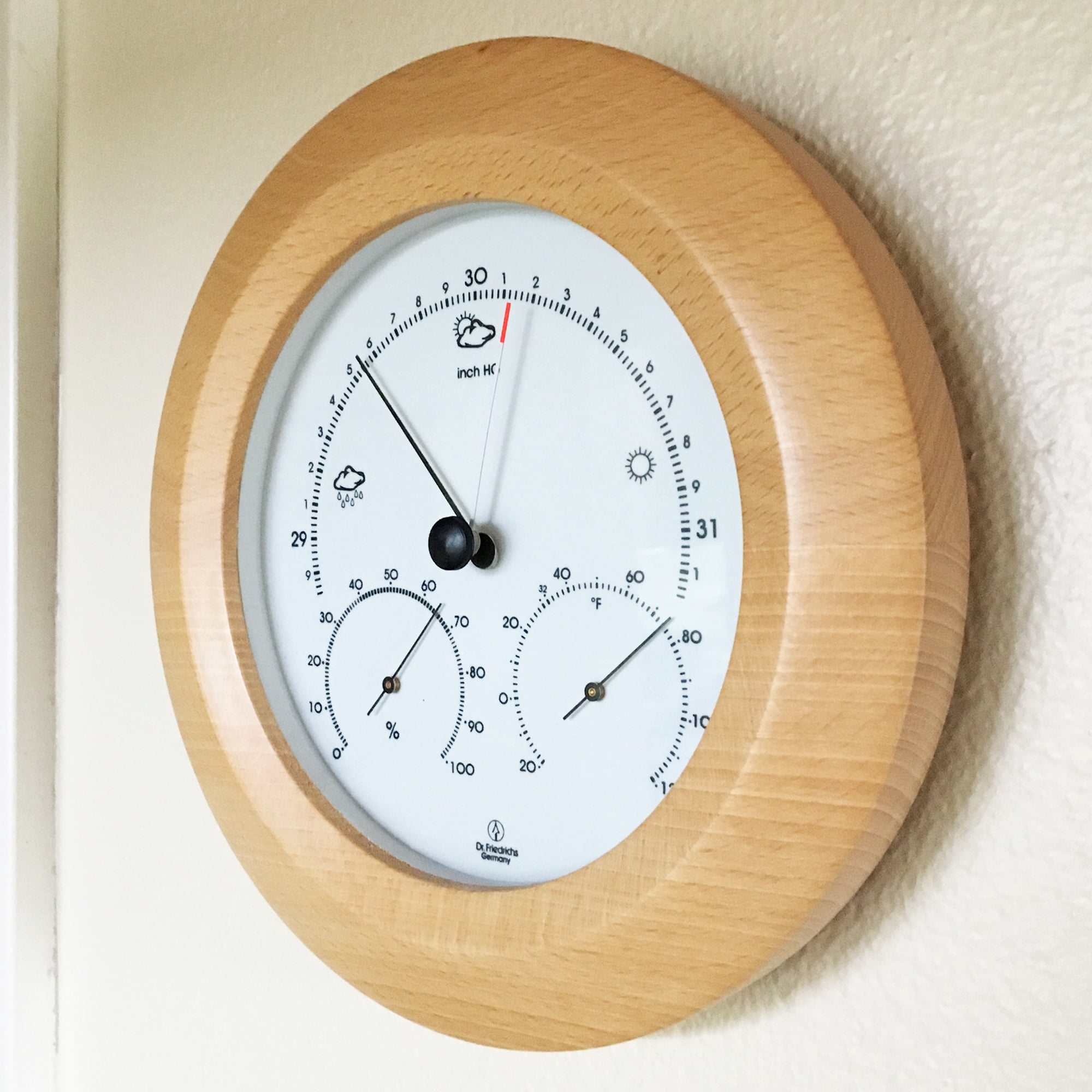 Hokco Weather Station Barometer Thermometer Hygrometer 8.5 in. Round Beech