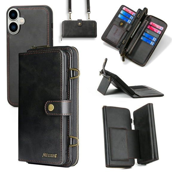 for iPhone 16 Crossbody Strap Wallet Case for Women Men, Zipper Pocket Purse [Detachable Wallet 2 in 1] [RFID Blocking] [13 Card Holder], Leather Magnetic Flip Kickstand Case,Black