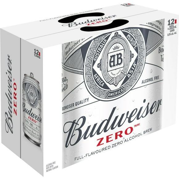 Budweiser Zero Non-Alcoholic Beer, 355 mL Cans, Pack of 12, Full-Flavoured, 0.0%