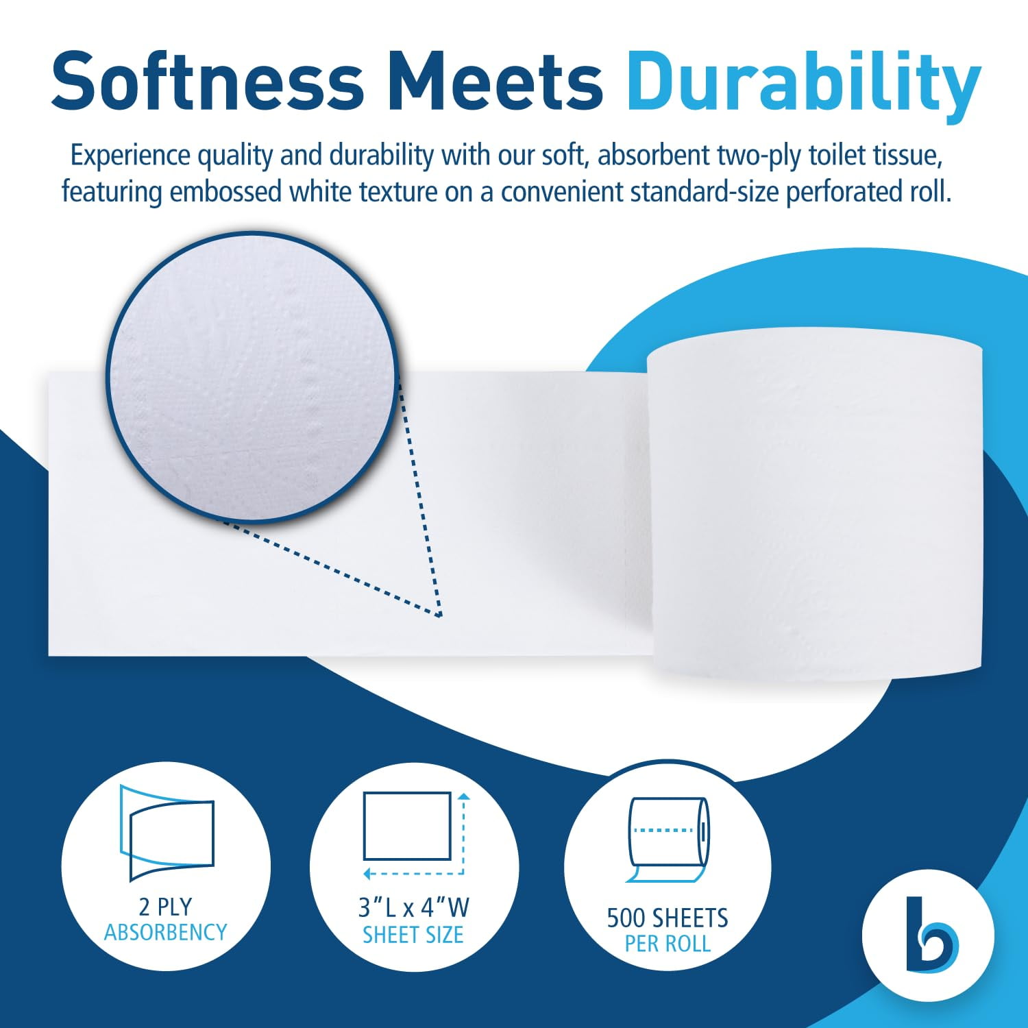 2-Ply Bathroom Toilet Paper Tissue, Septic Safe, 500 Sheets/Roll, Bulk Quantity 96 Rolls/Carton, 4" x 3", White
