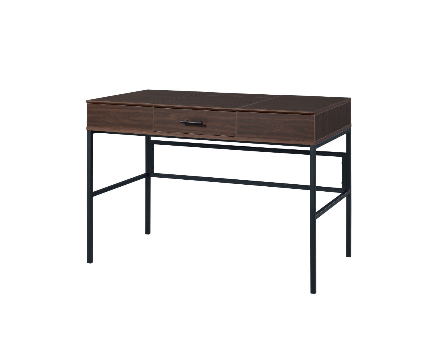 43" Modern Writing Desk with USB Charging Port, Oak & Black Computer Desk with Storage Drawer, Metal Base Office Desk with Side Shelves, Rectangular Study Table for Home Office