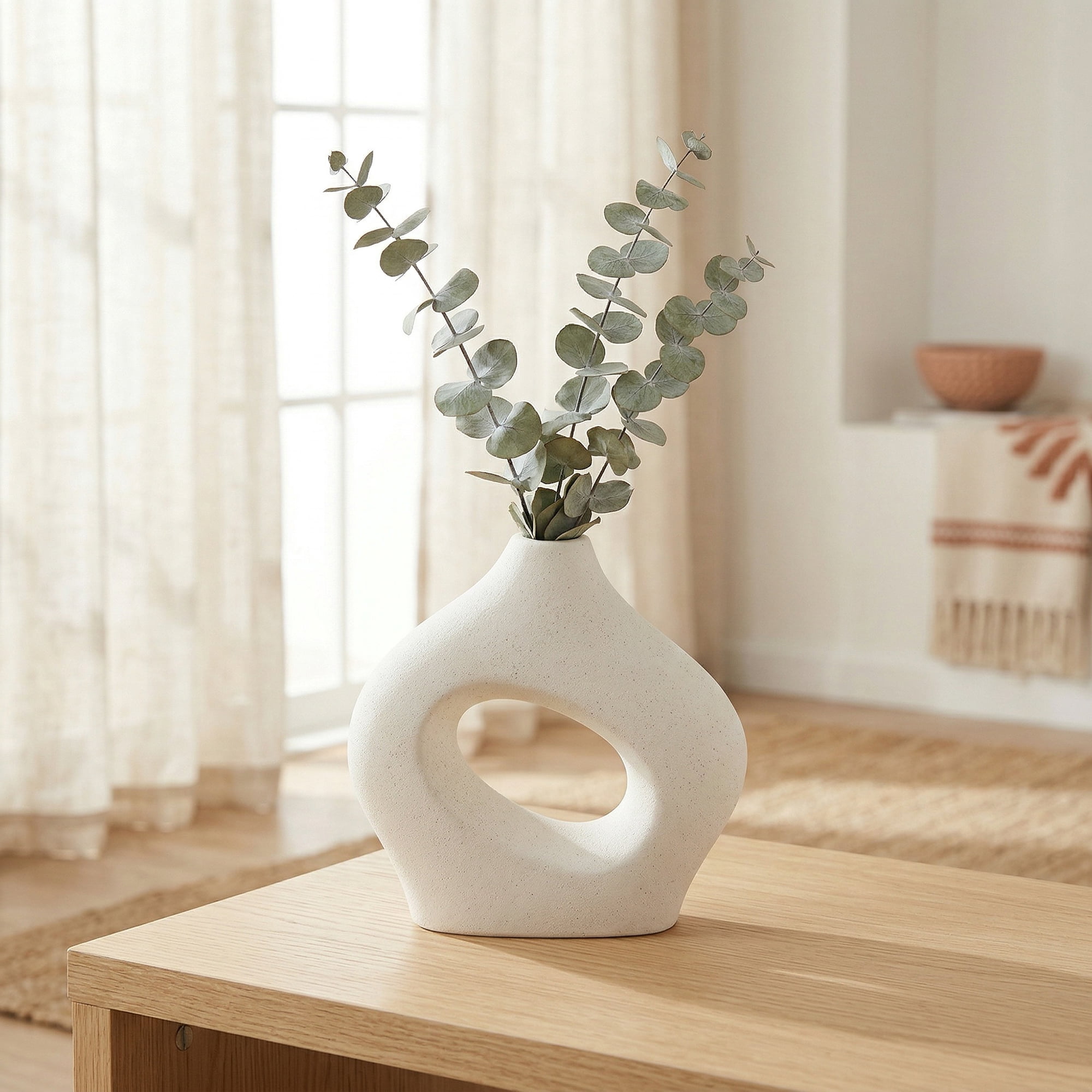Unique Bargains Donut Hollow Circle Ceramic Flower Vase White 5.7"L x 1.6"W x 5.7"H